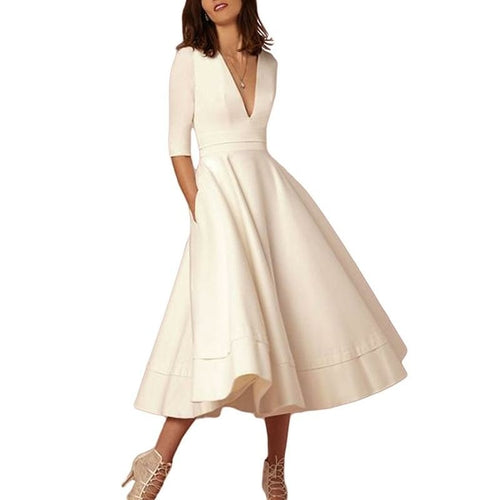 New Women Elegant Half Sleeve Deep V Neck White Midi Dress Ladies